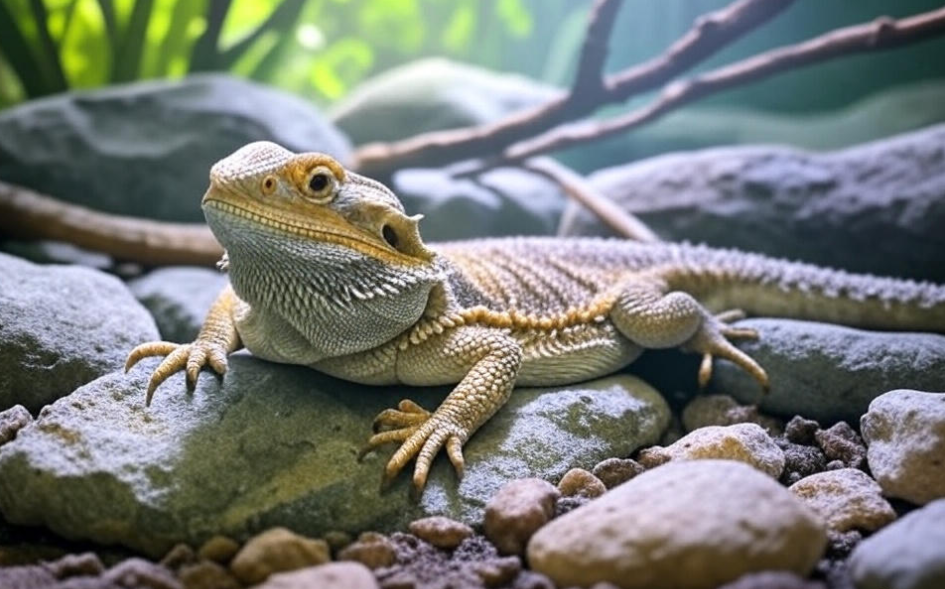 Senior bearded dragon basking under UVB light in a naturalistic enclosure