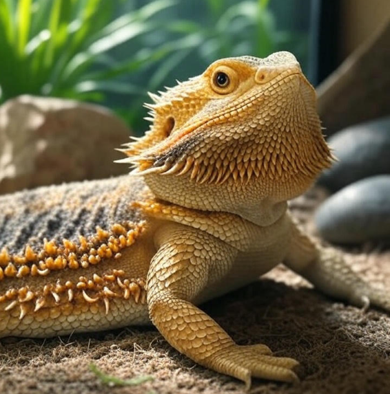 Bearded dragon relaxing in enclosure