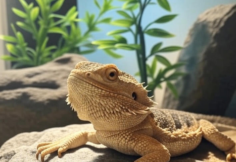 Bearded dragon with artificial plant in vivarium