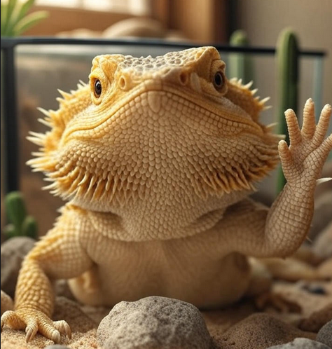 Bearded dragon arm waving in a terrarium, showing happy behavior