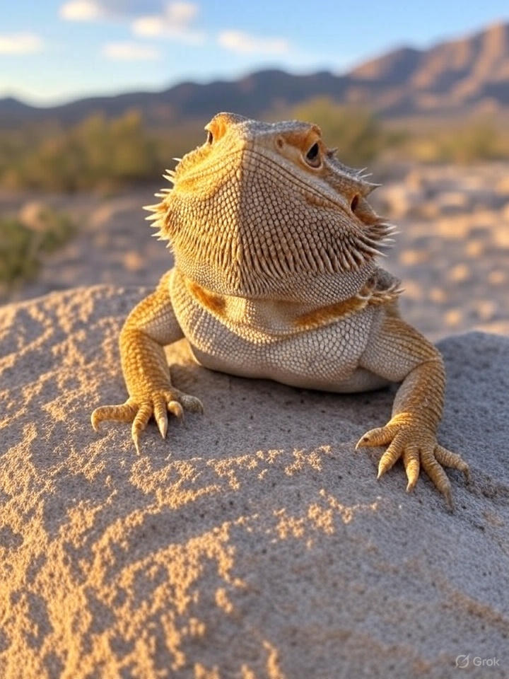 bearded dragon basking on rock