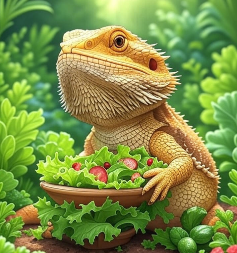 Bearded dragon eating collard greens in a terrarium, highlighting a balanced bearded dragon diet with nutritious vegetables for optimal health