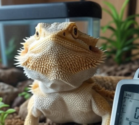 Bearded dragon with healthy eyes in terrarium