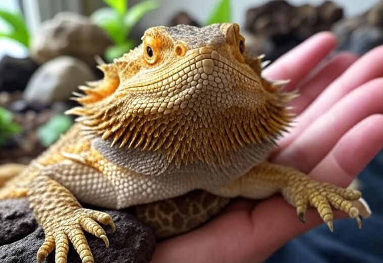 Holding a baby dragon with hand. 