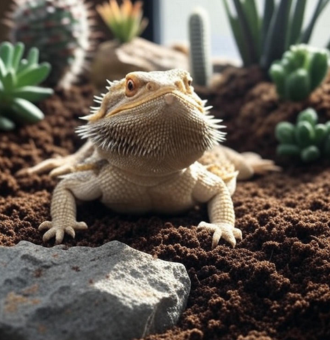 Bearded dragon in organic top soil