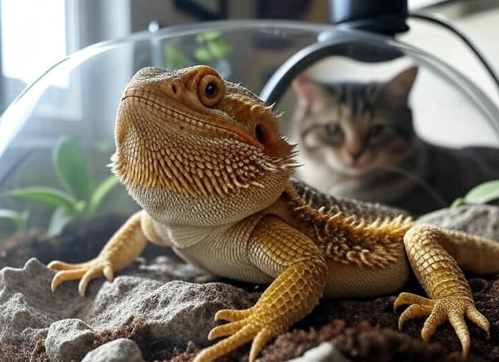 Bearded dragon in a secure terrarium with a cat nearby, showcasing bearded dragon pet safety.
