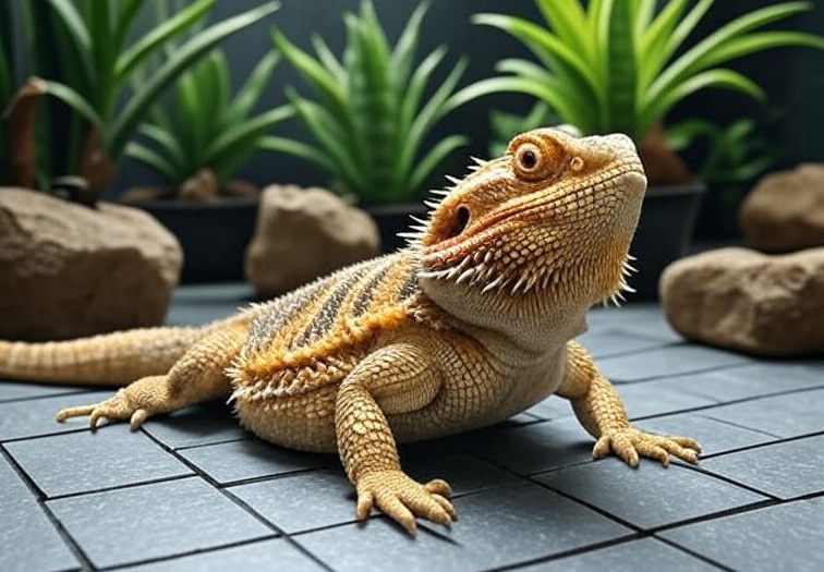 Healthy bearded dragon in a chemical-free enclosure with natural substrate and safe decorations.