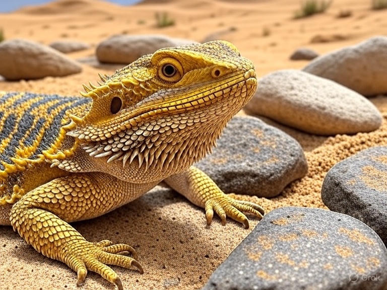 Bearded dragon on a safe substrate with rocks and sparse sand in a naturalistic enclosure