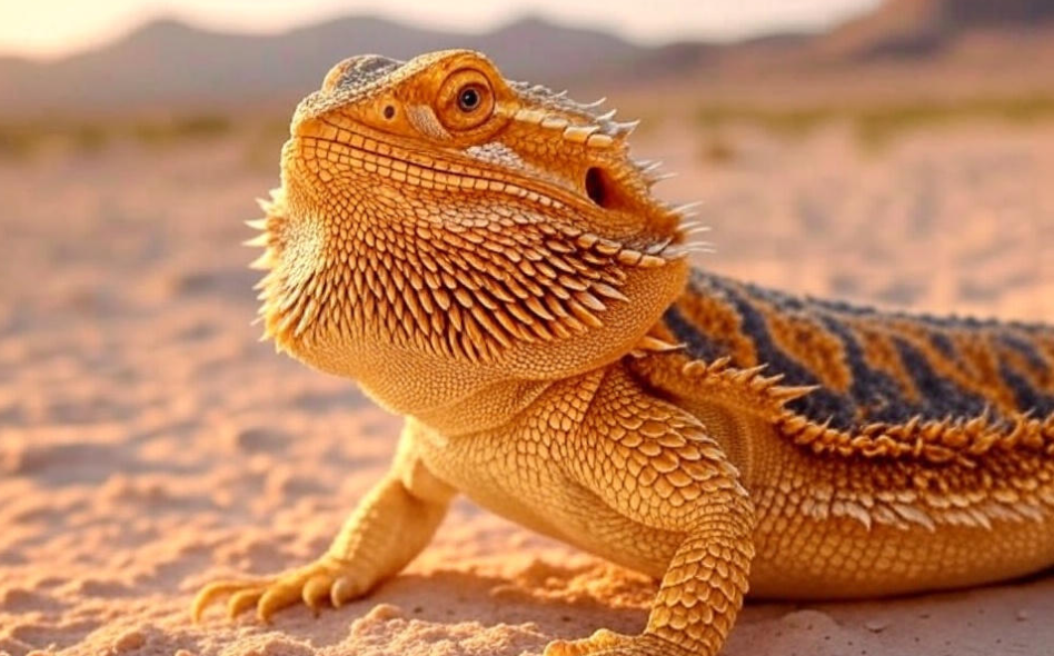 Close-up of a bearded dragon with puffed spiky beard in a desert setting