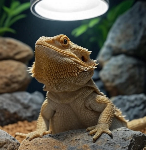Bearded dragon with puffed neck in enclosure