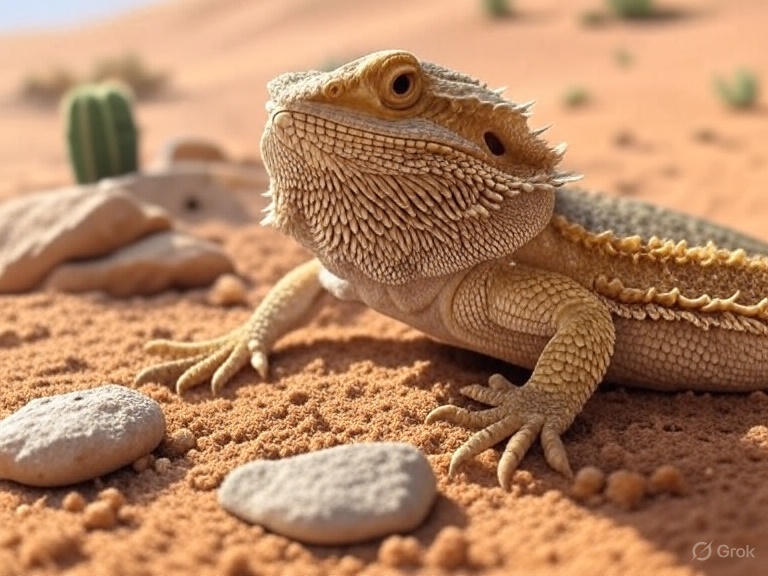 Close-up of a bearded dragon in a desert habitat.