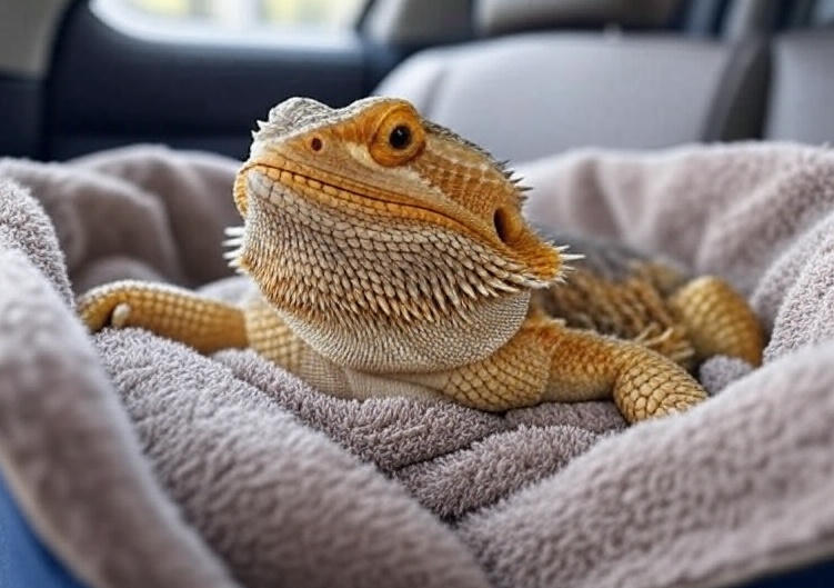 Bearded dragon in a secure pet carrier for safe transport, lined with a soft towel