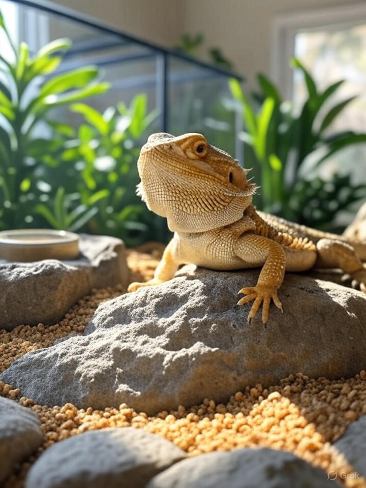 Bioactive bearded dragon cage with live plants, rocks, and substrate for a healthy reptile habitat.