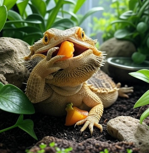 Bearded dragon eating bell pepper.