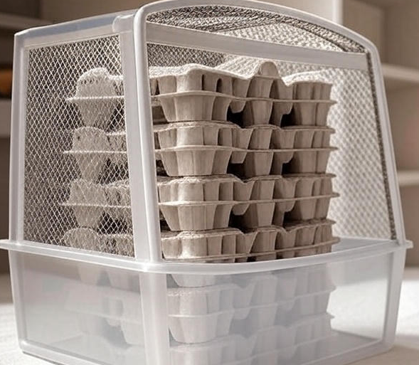 Smooth-sided plastic tote with ventilated lid for Dubia roach containment in a walk-in closet