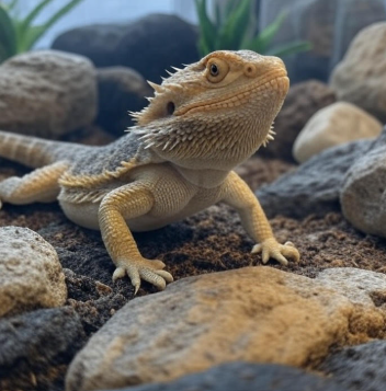 Bearded dragons at different life stages (hatchling, juvenile, adult) in a terrarium, with a growth chart highlighting age indicators.