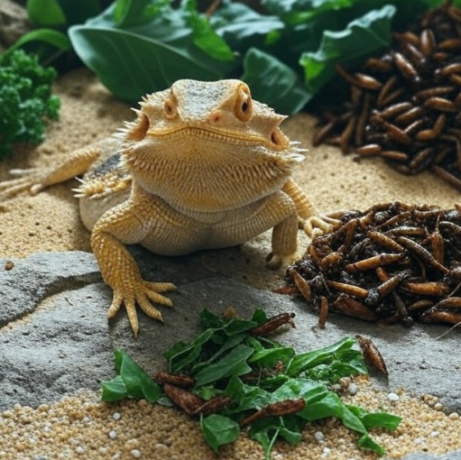 Bearded dragon with freeze-dried crickets