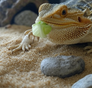 A bearded dragon enjoying a shred of cabbage in its habitat, showing safe veggie feeding.