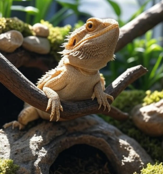 A female bearded dragon resting beside unfertilized eggs in a nesting box, illustrating safe egg-laying care.