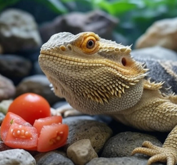 A bearded dragon approaching a small piece of tomato in its enclosure, highlighting safe feeding practices.