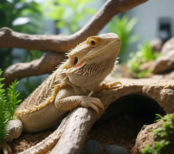 A bearded dragon exploring a branch and tunnel in its terrarium, showcasing enrichment options.
