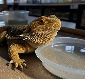 Bearded dragon with signs of illness in pet store tank